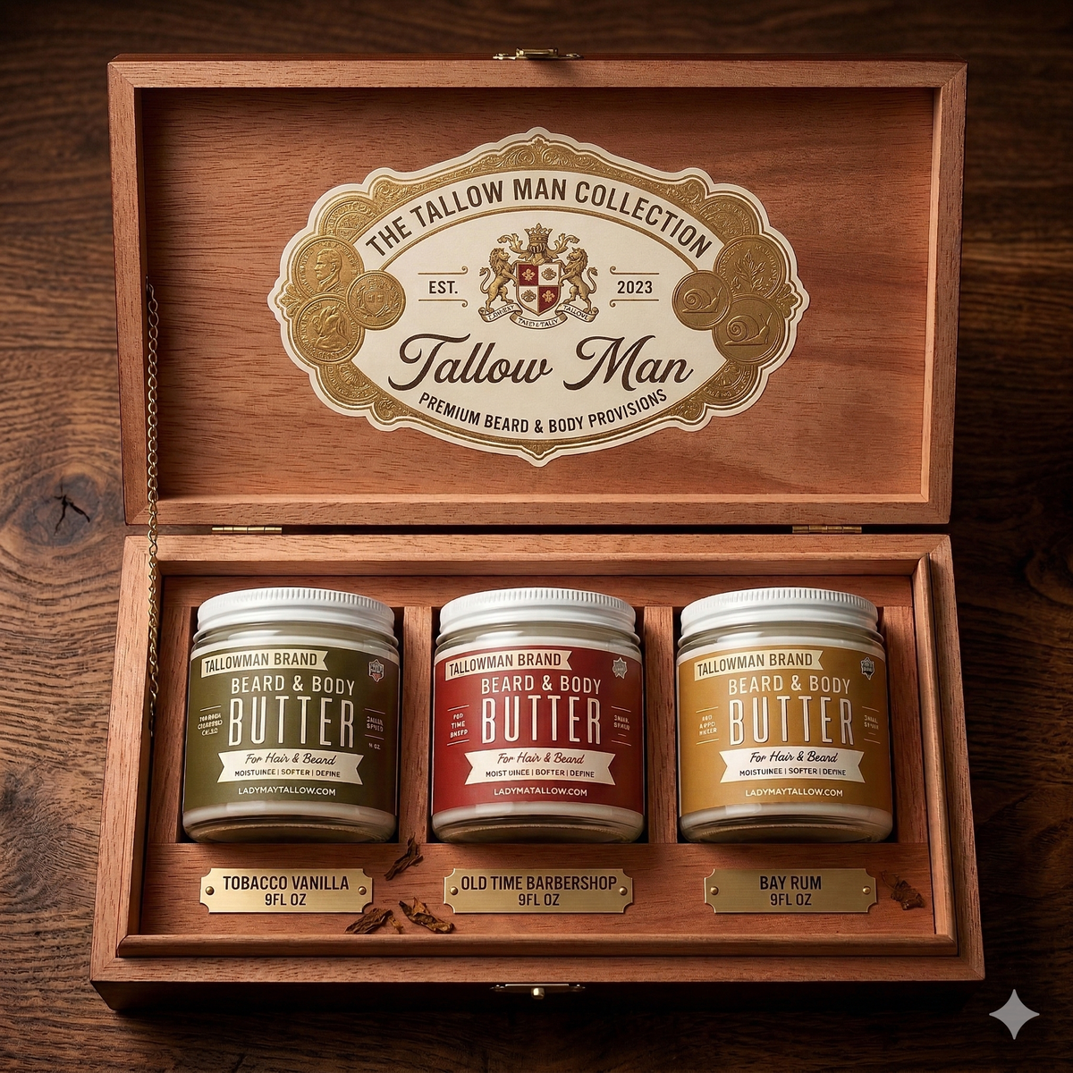 Tallow Man Beard and Body Butter Trio in a wooden gift box