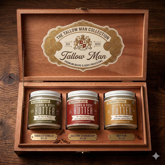 Tallow Man Beard and Body Butter Trio in a wooden gift box