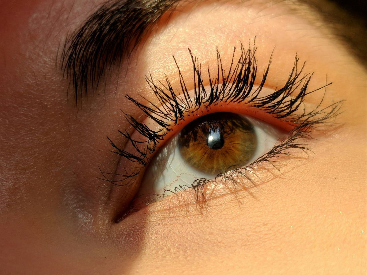 Close-up of a brown eye with long, mascara-coated lashes