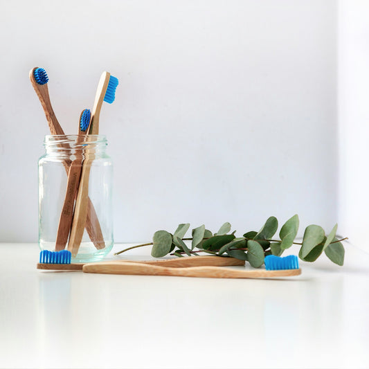 Bamboo toothbrushes in a glass jar beside a sprig of eucalyptus, ready for brushing with fluoride-free toothpaste