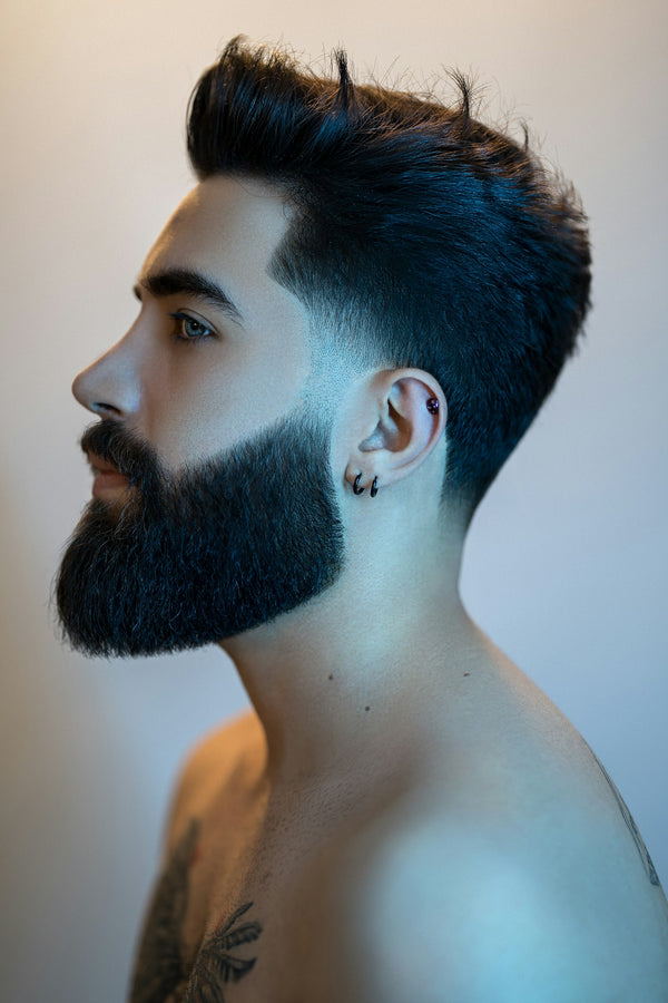 Profile of a man with a full, neatly shaped dark beard, the kind of beard balm users aim for