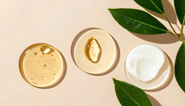 Swatches of golden serum and white cream in glass dishes beside green leaves