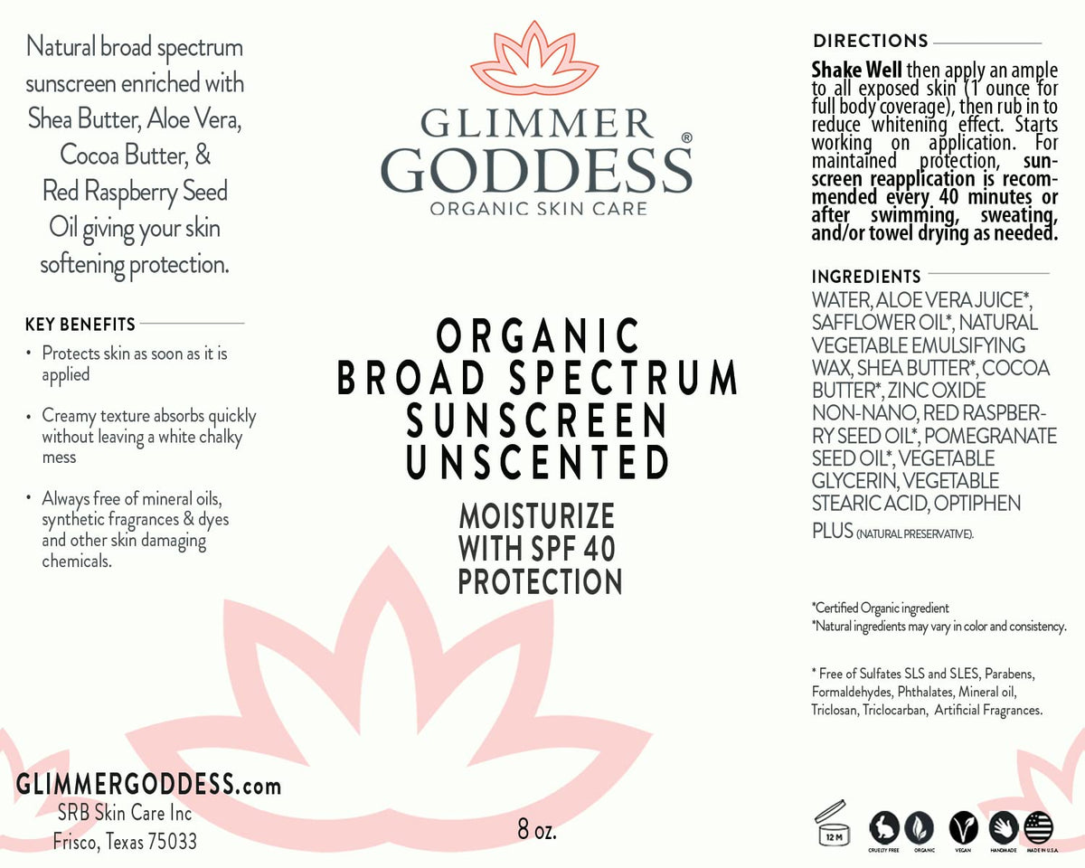 GLIMMER GODDESS Organic Reef-Safe SPF 40+ Mineral Sunscreen, Unscented, 8oz