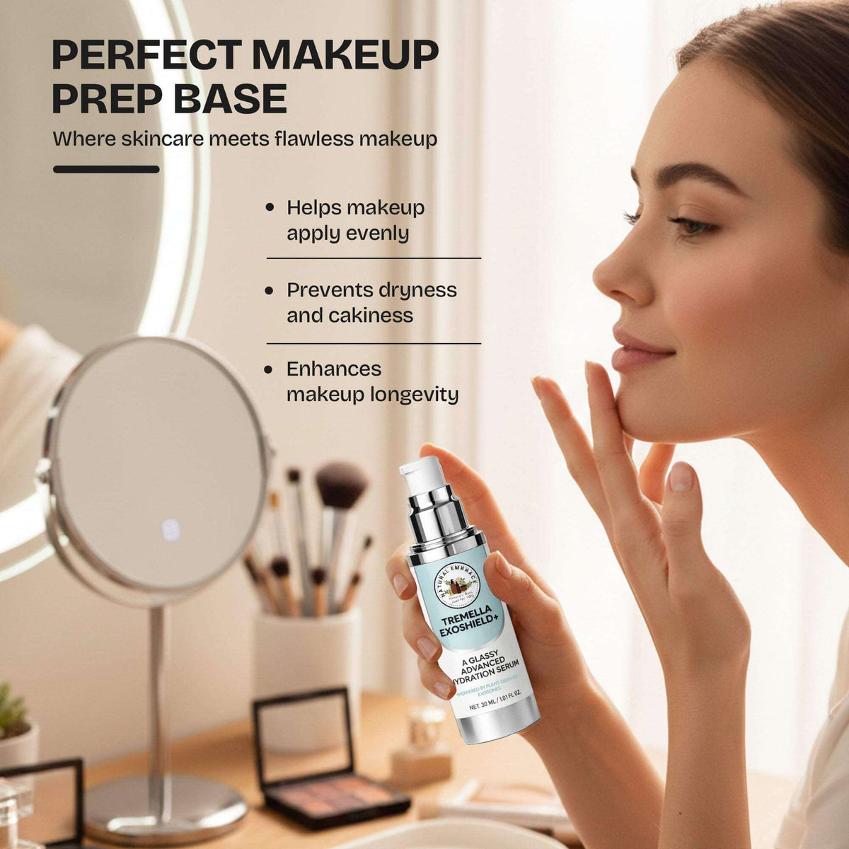 Natural Embrace Tremella Exoshield+ 3-in-1 | Hydrating Lift Serum, Exosome Glow Booster & Glass Skin Primer For sensitive and normal skins